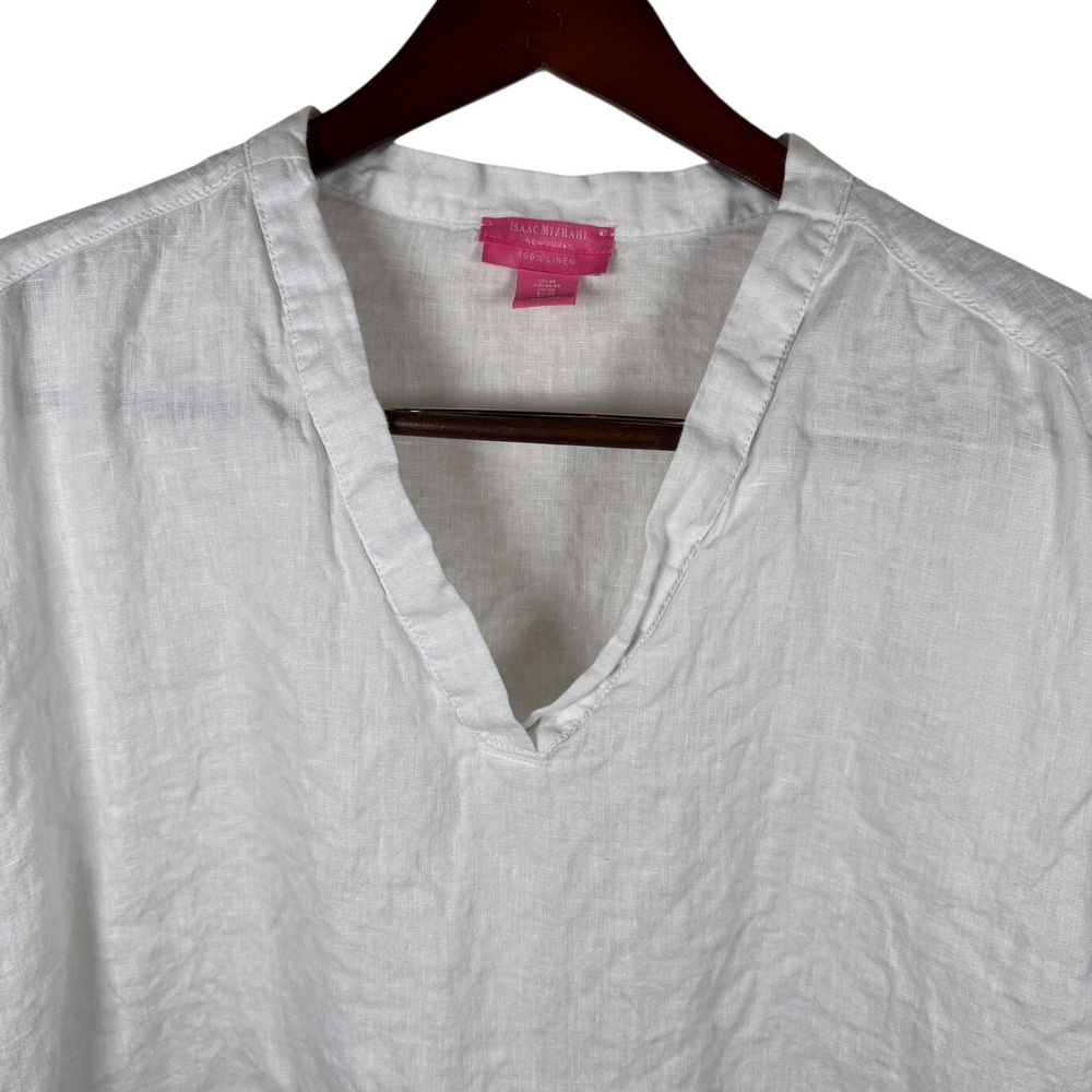 Isaac Mizrahi 100% Linen Shirt Blouse Women Size Med Top White Coastal Lagenlook